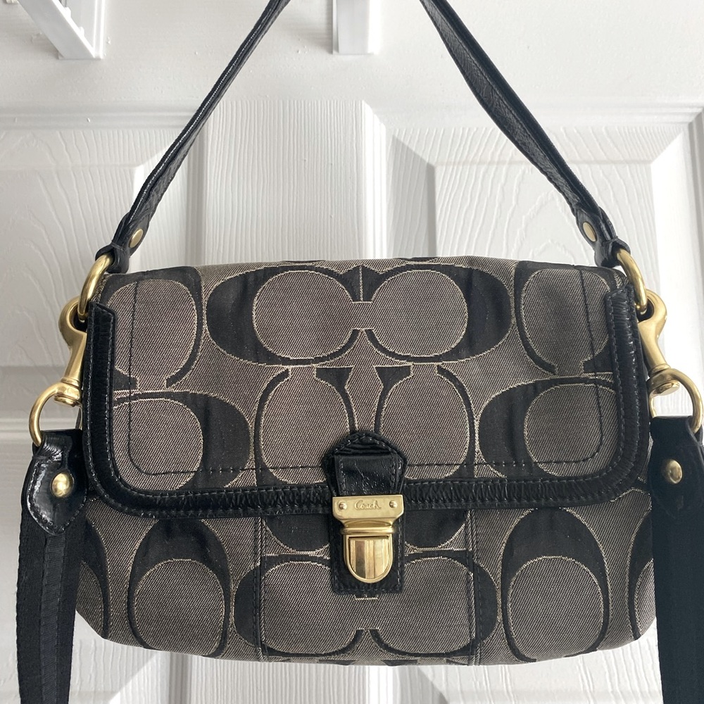 Black/gray Coach signature canvas shoulder/crossbody bag, used, great condition